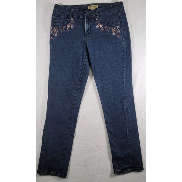 Democracy Embroidered Floral Girlfriend Jeans Size 8 Mid Rise Dark Blue Denim - Picture 3 of 16